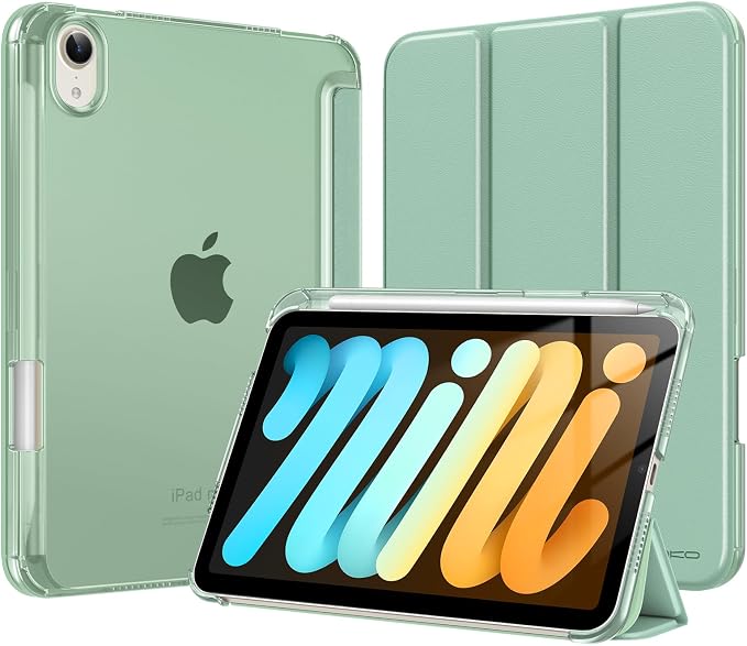 MoKo for iPad mini A17 Pro Case 8.3 Inch 2024 iPad mini 7th/6th Case 2021 | For iPad Mini Case with Pencil Holder Light Trifold Smart Protective Cover with Hard PC Translucent Back Shell Agave Gree