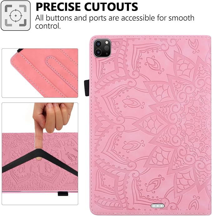 Folio Case for iPad Pro 11 2018-2022 iPad Air 11 2025/2024/Air 10.9 - Techcircle Stand Mandala Embossed PU Leather Soft TPU Cover with Elastic Strap Card Slots Pencil Holder - Pink
