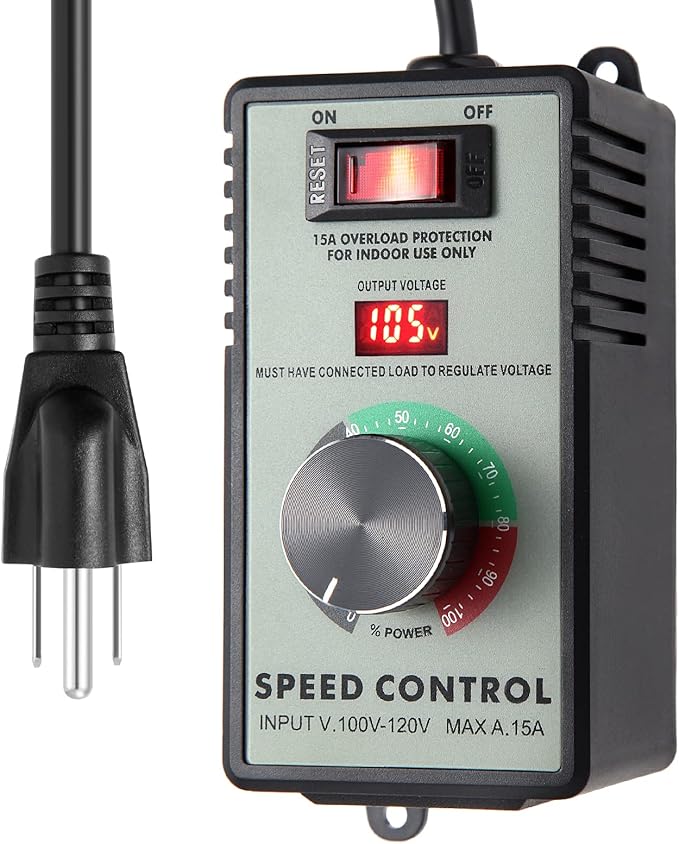 AC Motor Speed Controller 110-120V / 15A Max / 10A Rated Variable Fan Speed Controller AC Electronic Voltage Regulator with Overload Protection Switch & Voltage LED Display Screen
