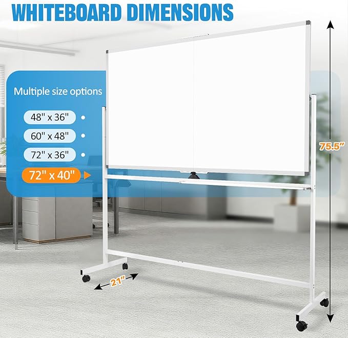 Large Rolling Whiteboard Dry Erase, 72" x 40" Double-Sided Mobile White Board with Stand, Giant Magnetic Dry Erase Board on Wheels for Office, Home & School
