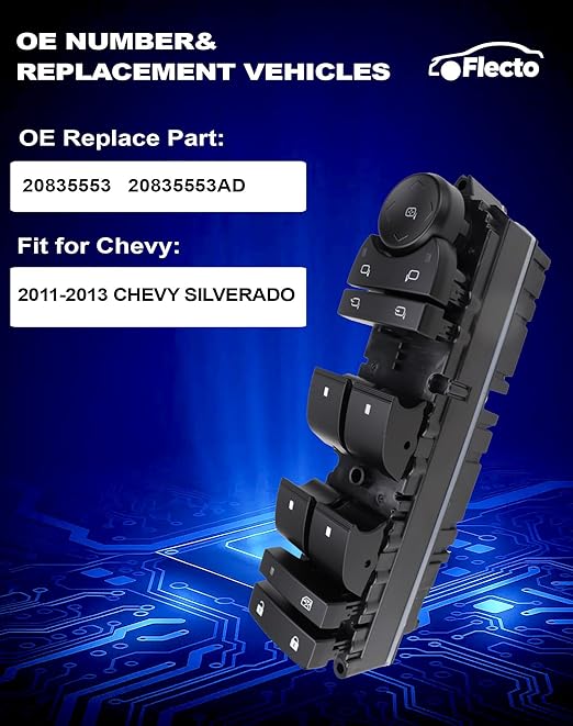 Flecto 20835553 Master Power Window Switch Driver Side with Door Lock Compatible with 2011-2013 Chevy Silverado, Replace# 20835553AD, Driver Side Window and Door Lock Control Assembly