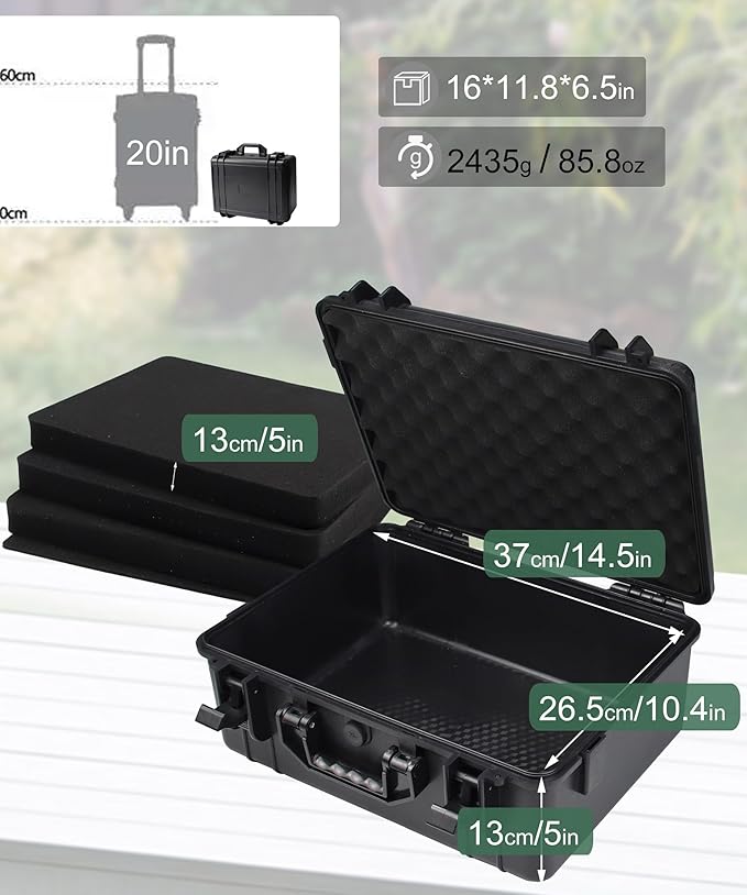 Hard Case with Foam Camera Hard Case Large Waterproof Protective Case Travel Camera Cases Hard Shell Equipment Foam Case for Electronics, 16" L x 11.8" W x 6.5" H