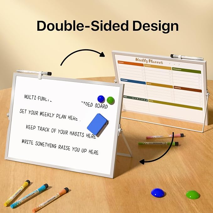 Dry Erase White Board with Stand,Double-Sided Weekly Whiteboard 16"x12", 10 Markers, 6 Magnets, 1 Eraser, Portable Desktop Whiteboard for Planning,Weekly Schedule Board for School for Home