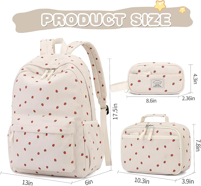 Backpack for Girls Boy Teen Corduroy Bookbags Elementary Middle High School Women Laptop Bag with Lunch Box Pencil Bag (Strawberry Beige)