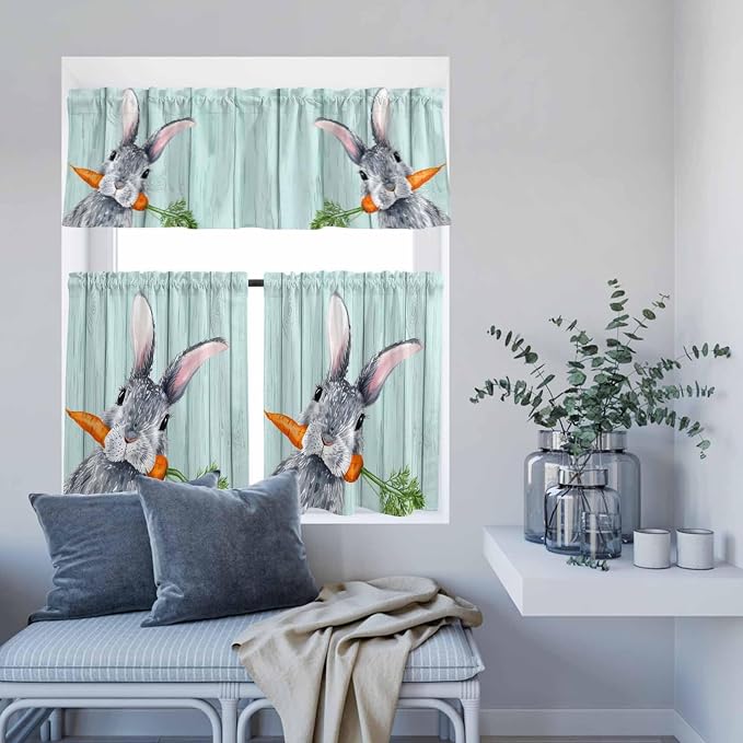 Easter Kitchen Curtain Set, Spring Rabbit Botanical Carrots Green Wooden Grain