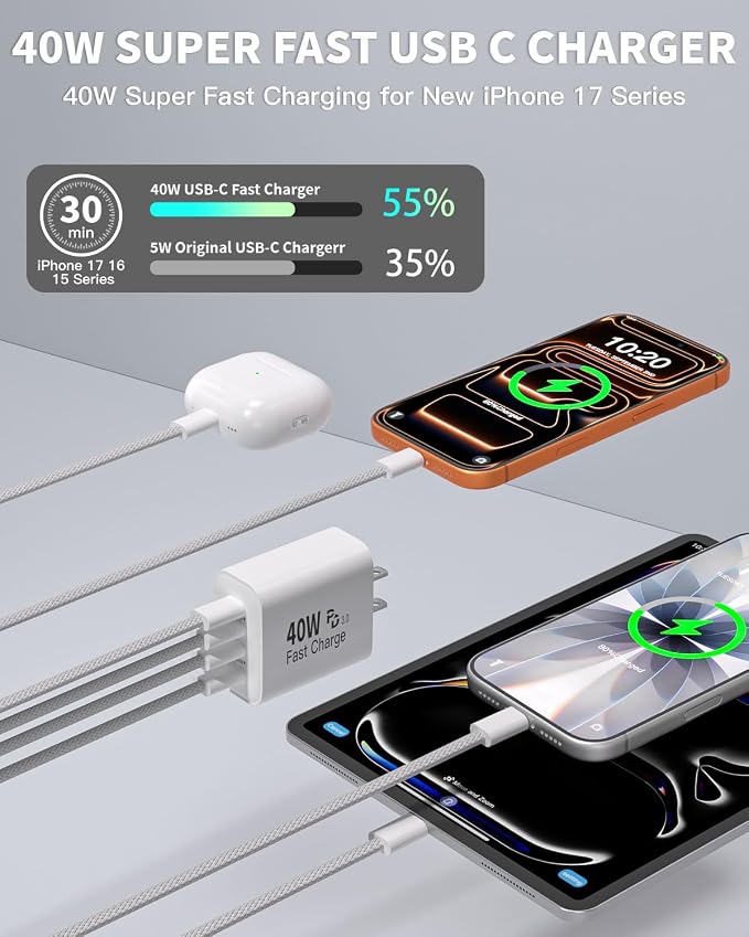 iPhone Charger Fast Charging for iPhone 17 16 152Pack 4Port USB C Charging | [Apple MFi Certified]40W Apple Fast USB C Charger Block with 6FT Woven USBC Cable for iPhone 17 Pro Max/Air/17 Pro/16/15i