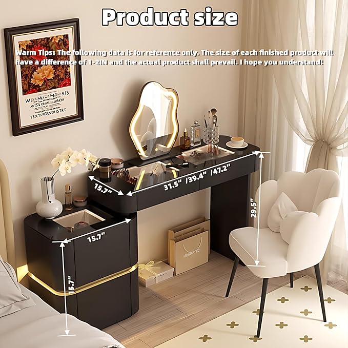 Makeup Vanity Desk with Storage Drawers, Solid Wood Glass Top, Lights Desk and Chair, Easy Installation (Black 2 Drawers, 47.2”)