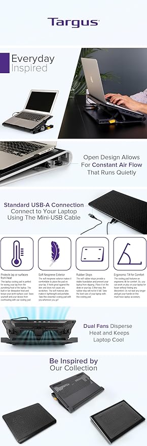 Targus Laptop Cooling Pad for Laptops up to 17-inches, Dual High-Speed Fans Chill Mat + 4-Port USB Hub Laptop Fan Cooling Pad for Work, USB Stand Cooling Pad for Gaming Laptop Cooling Fan (AWE81US)