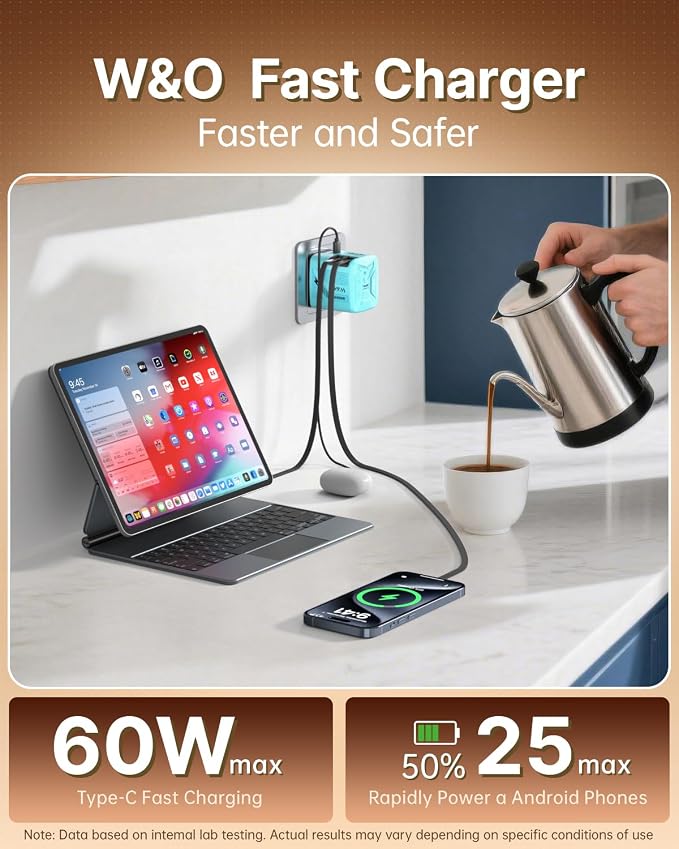 W &amp O 60W GaN Fast Charger Wall Plug Built-in Retractable USB-C &amp L Cables | Retractable Wall Charger with 47.2 Cables One Pull Charging No Cable Mess Solution for iPhone 17/16/15 Galaxy
