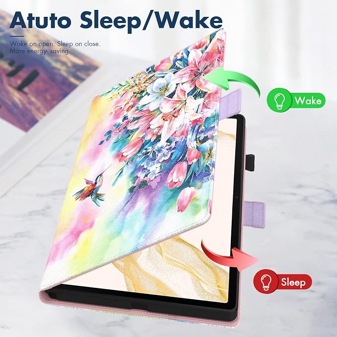 Dteck Wallet Case for Galaxy Tab S10+/S9+/S7 FE/S8+/S7 Plus 12.4 Tablet Premium PU Leather Folding Stand Auto Wake/Sleep Pen Holder Case with Hummingbirds
