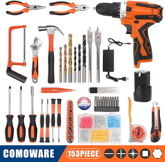 COMOWARE 16.8V Cordless Drill Tool Combo Kit, 153-Piece Professional Household Tool Set with Lithium Battery for Home Garden Office DIY Projects