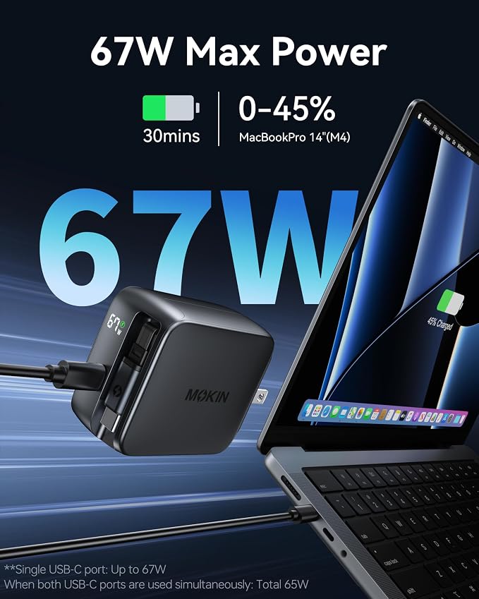 Retractable USB C Charger 67W 2-Port Fast Charger with Retractable Cables and Foldable Plug