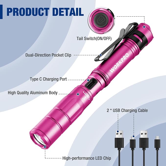 WORKPRO Rechargeable Pen Light 2 Pack Ultra-Compact EDC Flashlight Black | Mini Flashlight Pocket Flashlight with Clip Memory Function and 2 x USB C Cable Included