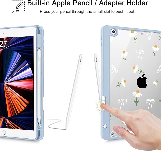 Case for iPad 9th/8th/7th Generation 10.2-Inch (2021/2020/2019 Release) with [Built-in Pencil Holder] Shockproof Cover with Clear Transparent Back Shell &amp Auto Wake/Sleep - Blue Bows