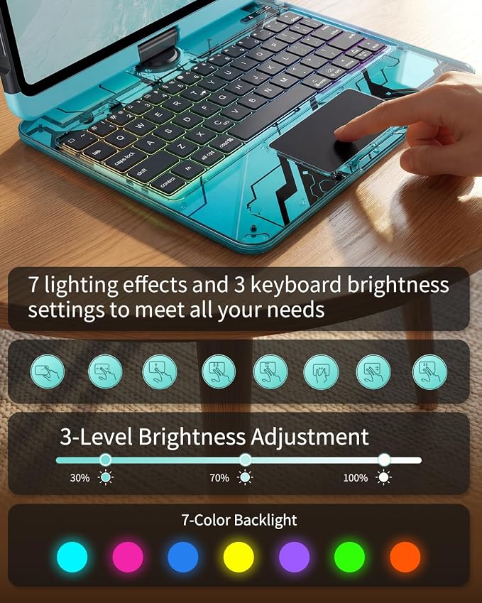 360°Rotation Bluetooth Keyboard Case for iPad 11th Gen（A16）10th 10.9 inch | iPad keyboard case 11/10th generationTouchpadKeyboard Battery Level Visualization360° rotateand 180° flip7-color backlit