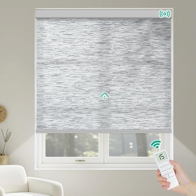 Kilonity Motorized Roller Shades, Light Filtering Remote Control Custom Window Shades Compatible with Alexa Google Assistant via RF Hub, Rechargeable Electric Blinds for Windows (Texture Grey)