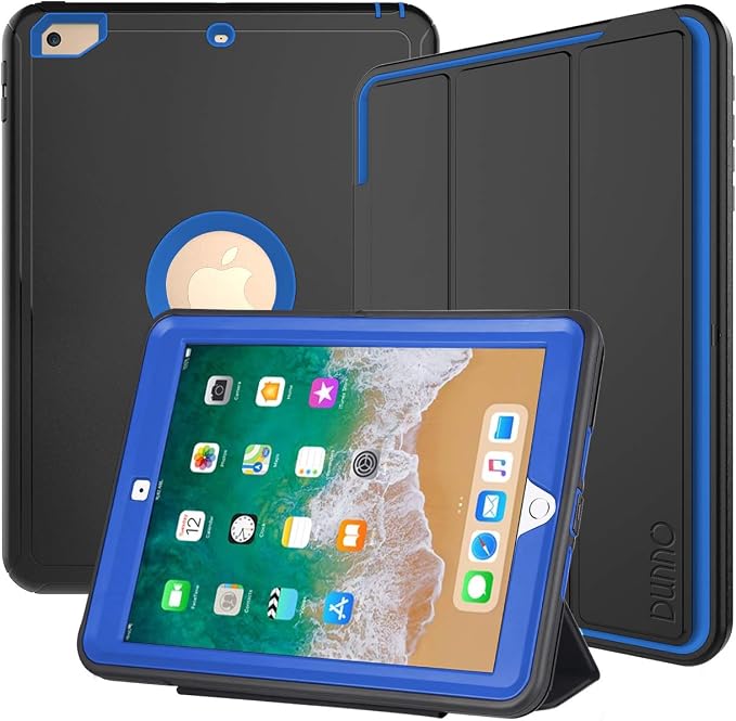 DUNNO Case Compatible with iPad 6th/5th Generation 9.7-Inch 2017/2018 Three Layer Heavy Duty Full Protection Case with [Auto Sleep/Wake] Stand Design for iPad 5/6 Generation (Black+Blue)