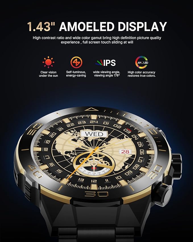 Smart Watch for Men Answer/Make Call for Android iPhone, 1.43" AMOLED HD Screen Mens Luxury Watch, 400mAh Heavy Duty Smartwatch Heart Rate Blood Oxygen Blood Pressure Sleep Monitor Pedometer, 2 Straps