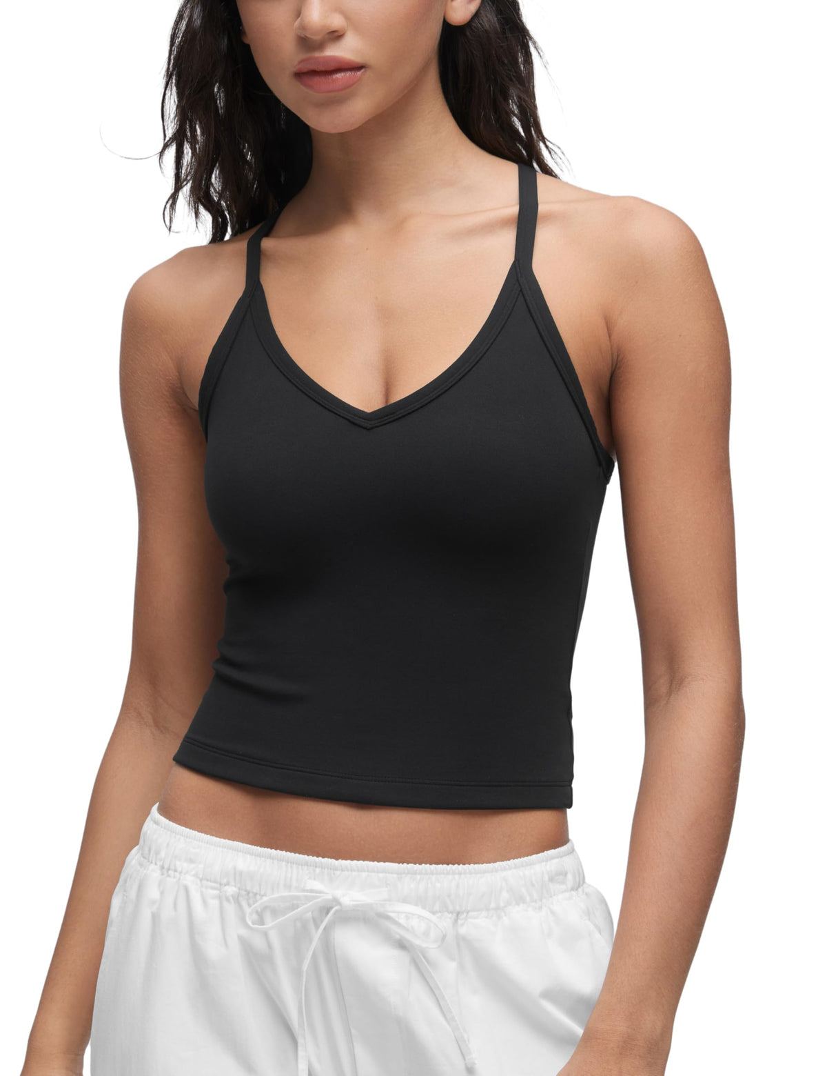 CRZ YOGA Double Lined V Neck Cami Crop Tank Top Black Medium