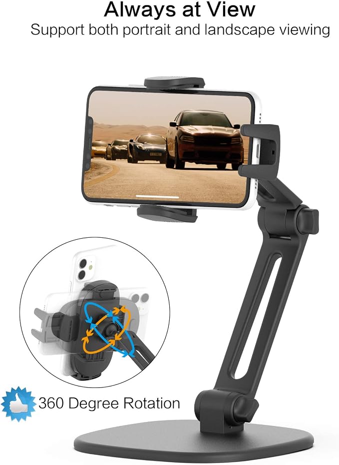 APPS2Car Phone Stand for Desk Adjustable Cell Phone Holder for Office | Triple-Clamp Phone Holder Height-Adjustable Folding Arm 360° Rotation Anti-Slip Base Fits Cases up to 20mm
