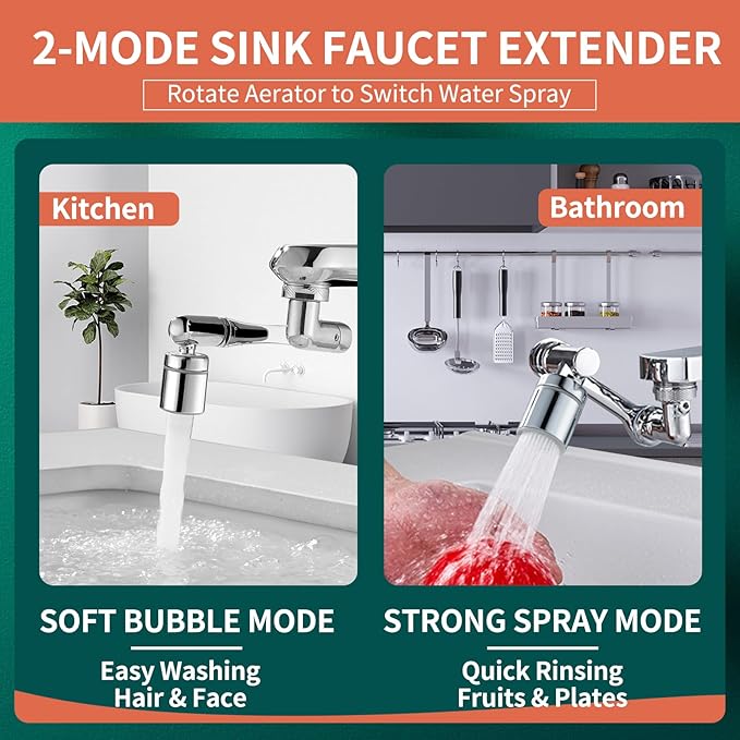 Patented CECEFIN 1080°Swivel Faucet-Extender Sink-Aerator - 2-Mode Splash Water Tap Extension, Kitchen Bathroom 360 Rotate Spray Attachment, Multifunctional Universal Robotic Arm -Wash Hand/Hair/Face