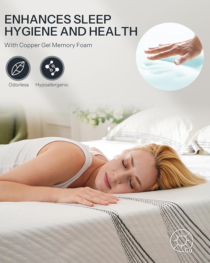 Life Balance Queen Hybrid Mattress 12 Inch, Made in USA, Medium, Copper Gel Memory Foam， Hypoallergenic & Odorless, Motion Isolation & Pressure Relief, Mattress in a Box