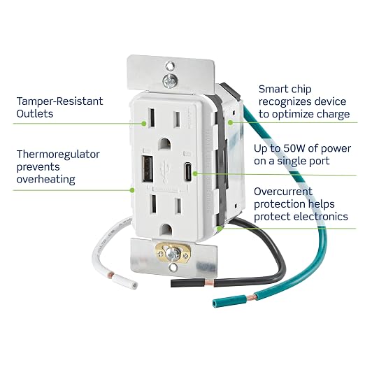 Leviton 30W (6A) USB Dual Type-C/C Power Delivery In-Wall Charger with 15A Tamper-Resistant Outlet USB Charger for Smartphones Tablets Laptops T5635-E Black