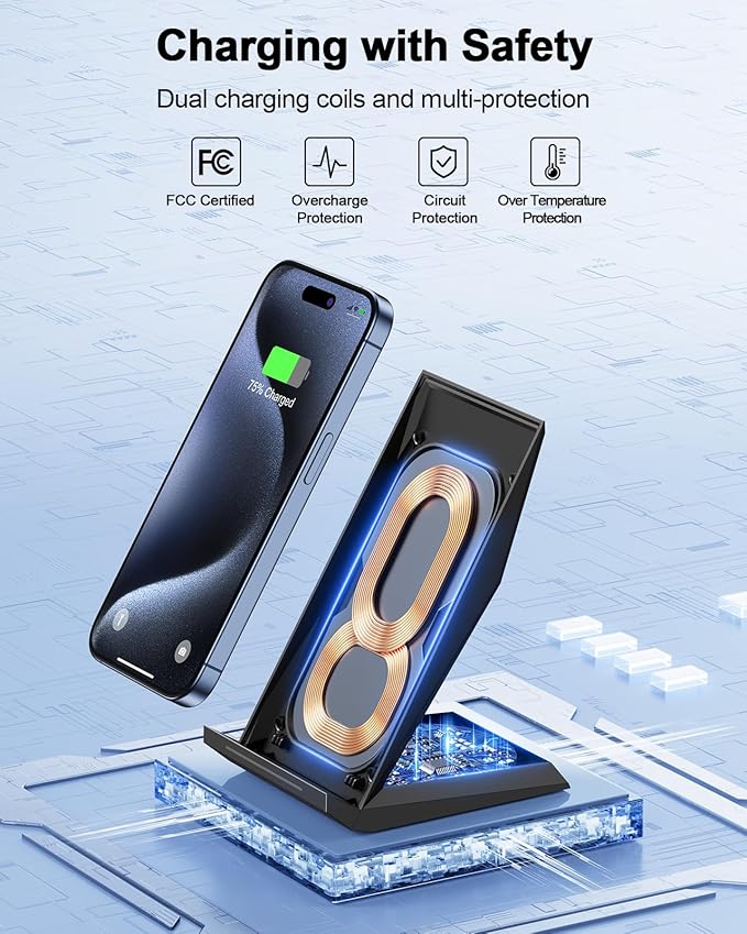 Fast Wireless Charger, [2 Pack] NANAMI Qi Certified Wireless Charging Stand Compatible iPhone 16/16 Pro/16 Pro Max/15/14/13/12/11 Pro, Phone Charger for Galaxy S25/S24/S23/S22/S21 and Qi-Enabled Phone