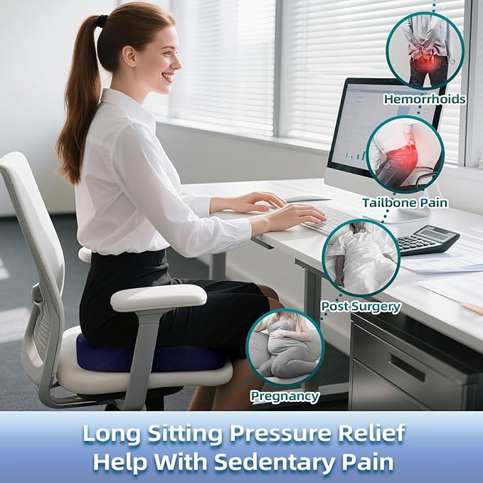 Seat Cushion for Office Chair Memory Foam Coccyx Pain Relief Cushion Pillow for Back Support Non-Slip Seat Pad for Office Desk (Blue)