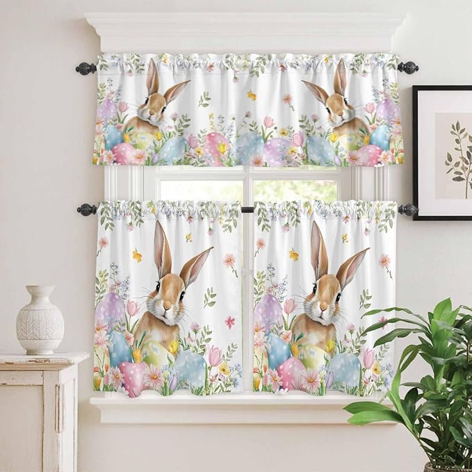 Kitchen Curtains Tiers and Valance Set of 3, Easter Light Filtering Window