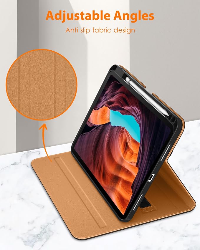 DTTO for iPad (A16) 11th Generation 11-inch &amp 10th Gen Case Brown | Premium Leather Business Cover with Pencil Holder Hand Strap &amp Pocket Corner Protection Auto Sleep/Wake for Work &amp