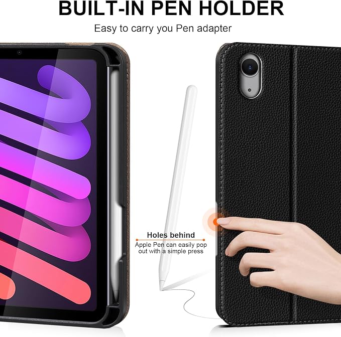 Case for iPad Mini7(A17 Pro) 2024/6th 2021 8.3 with Pencil Holder | Leather Protective Shockproof Smart Cover Adjustable Stand Auto Wake/Sleep Multiple View Angles Black