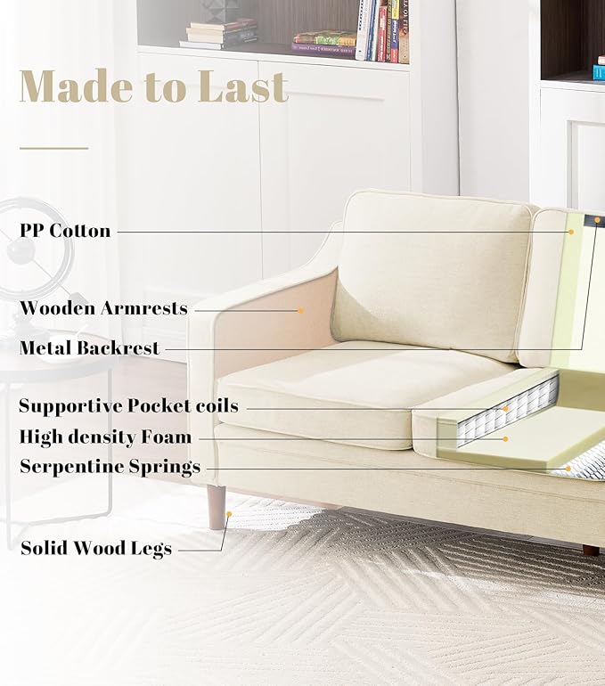 Kingfun Living Room Furniture Sets, 3 Seater Couch and Loveseat, Mid Century Modern Sofa Set, Chenille Couch with Solid Wood Frame for Living Room & Bedroom, Beige