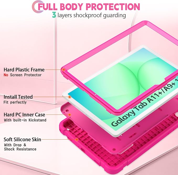 Shockproof Case for Samsung Galaxy Tab A11 Plus 11 inch 2026 with Built-in Kickstand 3 Layers Heavy Duty Protection Cover for Tab A9+ 10.9 2023 Blush Pink