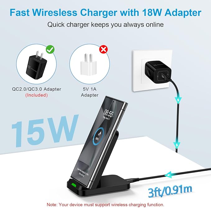 Google Pixel 9 10a 15W Wireless Charger Stand Phone Station with QC Adapter | for Google Pixel 10 Pro Fold 10 Pro 10 9a 9 Pro Fold 8a 8 Pro 7a Desk Android Wireless Fast Charging Dock Pad 2 Pack Bla