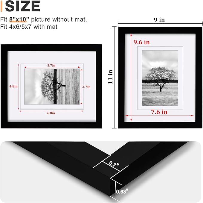 Egofine 8x10 Picture Frame Made of Solid Wood Covered by Plexiglass, for Pictures 4x6 or 5x7 with Mat or 8x10 Without Mat, Table Top Display and Wall Display Photo Frame, Black