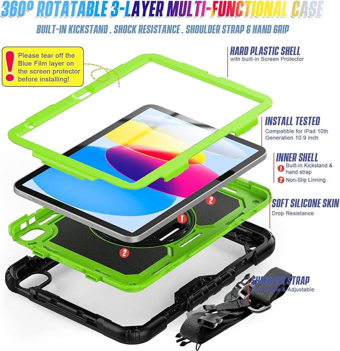Case Compatible with iPad (A16) 11th 2025/10th Gen 2022 | Built-in Screen Protector Pen Holder Heavy Duty Shockproof Rugged Protective Case W/Handle Shoulder Strap