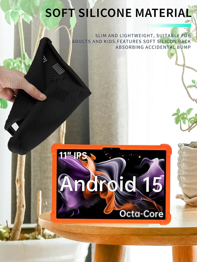 Case for ApoloMedia EP1095T 11 Tablet 2025 Android 15，WUNIAK Shock Proof Lightweight Stand Rubber Shell Protective CoverKids Friendly Soft Silicone Adjustable Stand CoverBlack