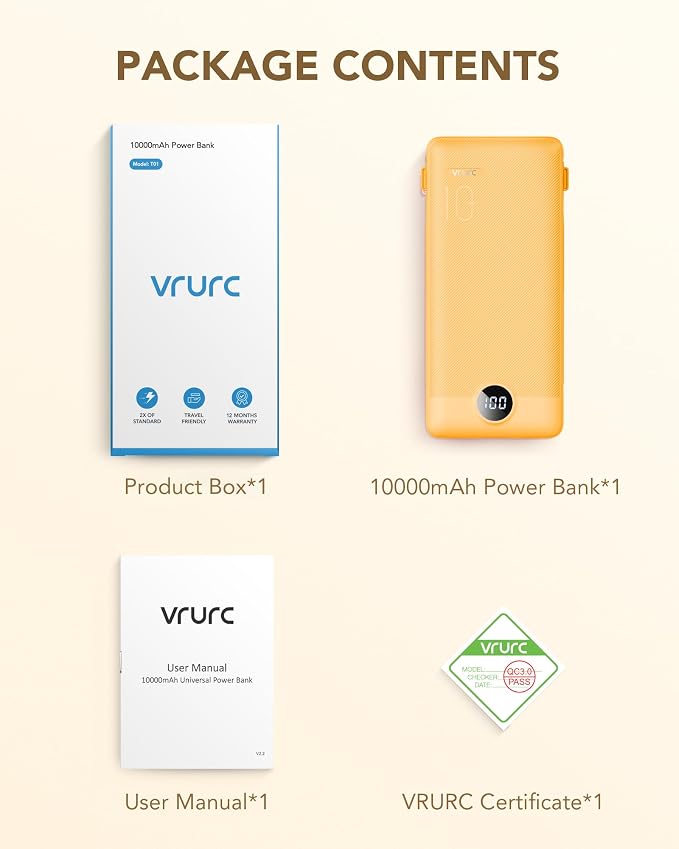 VRURC Portable Charger Power Bank Built-in Cables and AC Wall Plug | USB C Portable Bank 10000mAhTravel Essentials Phone Charger Compact External Battery Pack for Smart PhonesTablets-Black