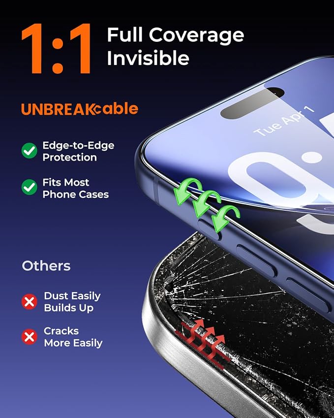 UNBREAKcable iPhone 17 Screen Protector [3-Pack] Tempered Glass with Auto-Align Tech for Easy Install 9H+ Hardness Anti-Fingerprint Ultra-Clear Full-Coverage Protection 6.3-Inch