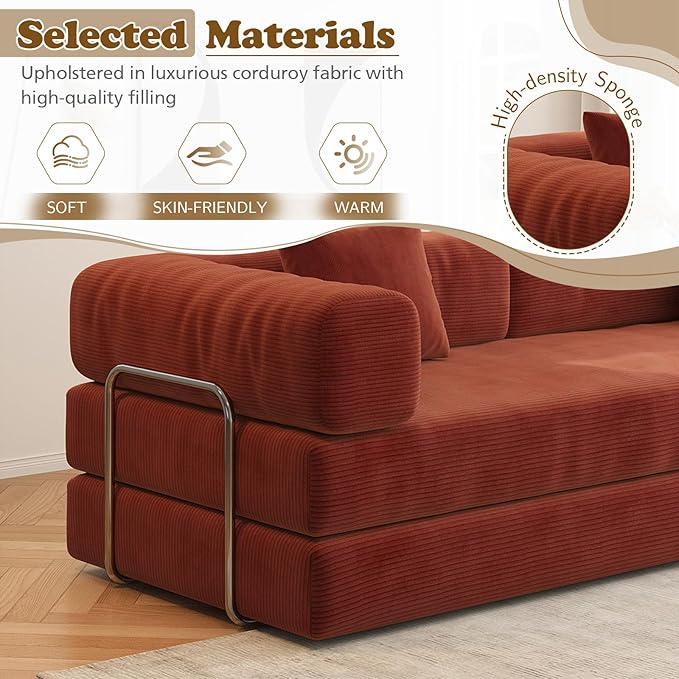 Antetek Convertible Futon Sofa Bed, 3-Seater Modern Corduroy Foam Floor King Size Bed Fold Out Sleeper Lounge Loveseat Sofa Couch with 2 Throw Pillows for Living Room Bedroom Guest Room, Tangerine