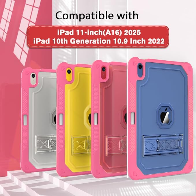 ZoneFoker Case for iPad 11-inch (A16) 2025 / iPad 10th Gen 10.9 inch 2022 Heavy Duty Shockproof Rugged Protective with Pencil Holder 11th / 10th Translucent Cover with Kickstand