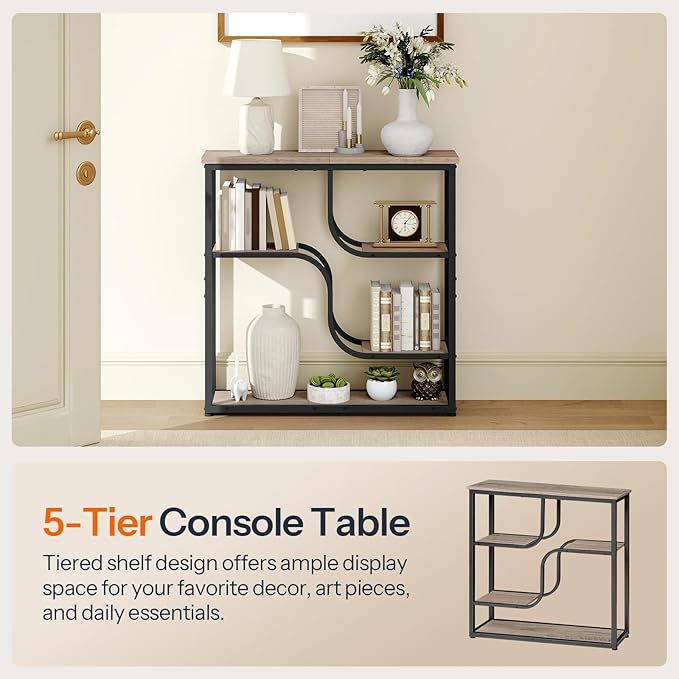 HOOBRO 29.5" Console Table, 5-Tier Sofa Table, Behind Couch Table with Storage Shelves for Hallway, Living Rooms, Entryway, Greige and Black BG69XG01