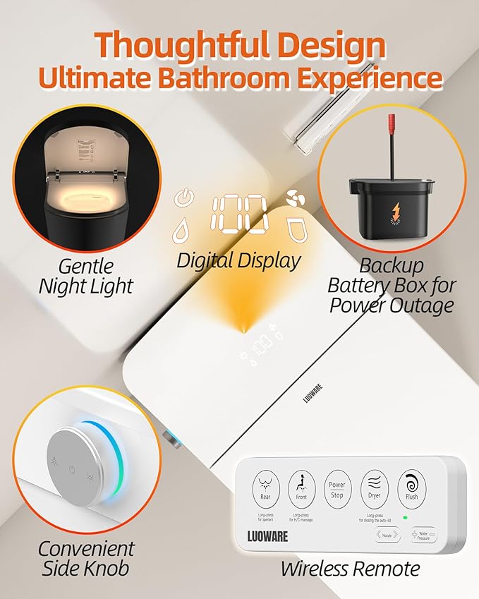 Luoware Smart Toilet with Bidet Built in, Luxury One Piece Elongated Bidet Toilet with Auto Close & Flush, Foot Sensor to Open/Close/Flush, Heated Seat, Massage Wash, Night Light, Remote Control