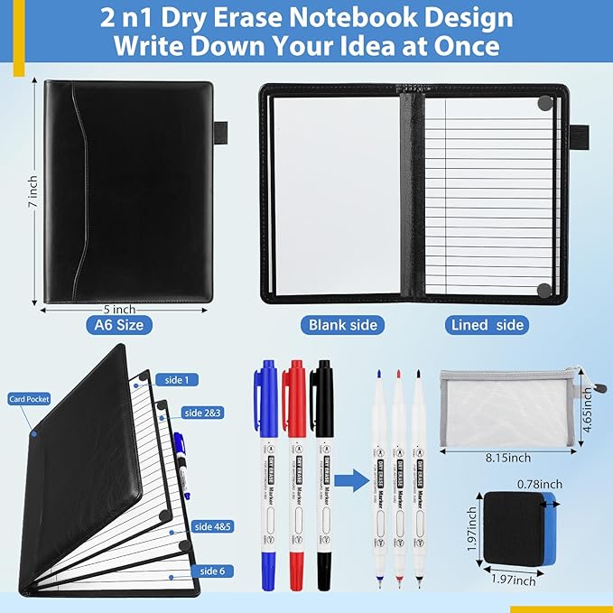 6 Sides Dry Erase Notebook Portable Whiteboards Notebook Small Reusable College Ruled Lined Board Folding Mini Travel Dry Erase White Board for Office Study(Black,A6: 5 x 7 Inches)