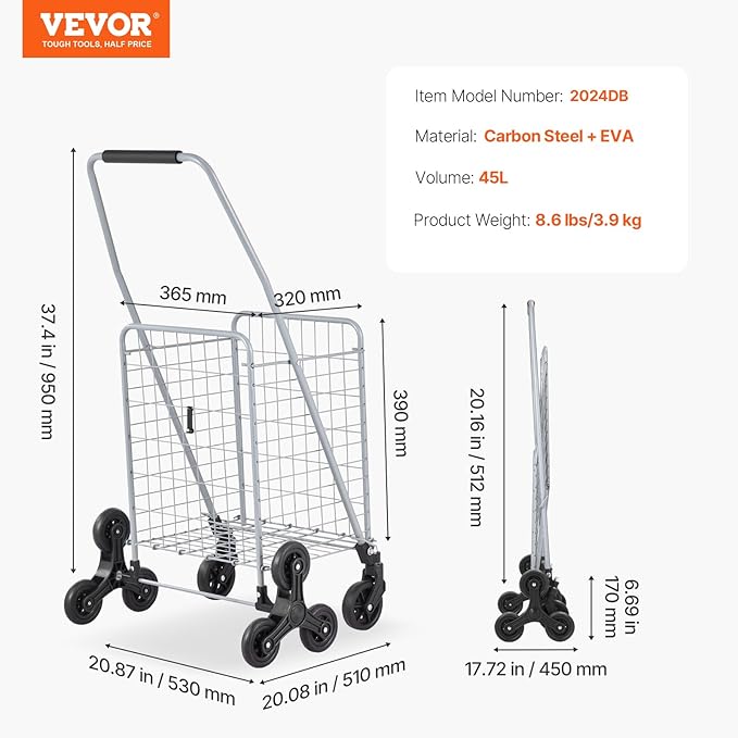 VEVOR Grocery Shopping Cart, 45L Stair Climbing Shopping Cart with 360° Rolling Swivel Wheels, Stair Climber Utility Cart with Tri-Wheels, Foldable Collapsible & Lightweight for Laundry Travel, Silver