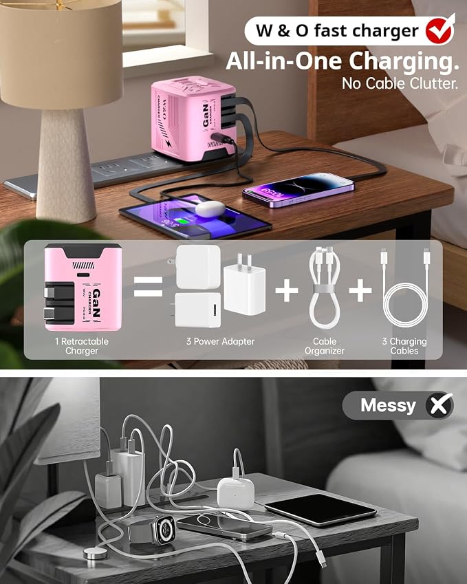 W &amp O 60W GaN Fast Charger Wall Plug Built-in Retractable USB-C &amp L Cables | Retractable Wall Charger with 47.2 Cables One Pull Charging No Cable Mess Solution for iPhone 17/16/15 Galaxy