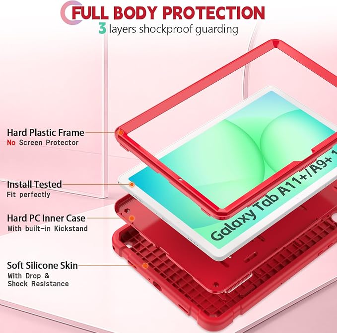 Shockproof Case for Samsung Galaxy Tab A11 Plus 11 inch 2026 with Built-in Kickstand 3 Layers Heavy Duty Protection Cover for Tab A9+ 10.9 2023 Blush Pink
