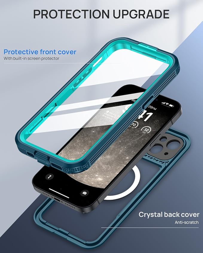 Lanhiem Magnetic for iPhone 15 Plus Case, IP68 Waterproof Dustproof Case, [Compatible with Magsafe] [Built-in Screen Protector] Full Body Heavy Duty Rugged Phone Cover 6.7 inch, Blue/Clear
