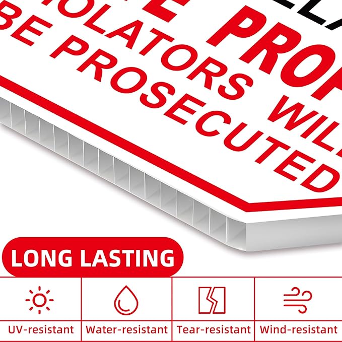 NO Trespassing Signs Private Property Video Surveillance Sign, Large 4-Pack 10"x10" Double-Sided Signs, Corrugated Plastic, Metal Stakes, Outdoor Yard Sign for Home and Front Door Land, and Garden, Lawn